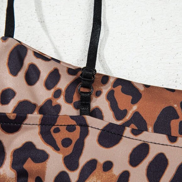 B252 Brown Spaghetti Straps Ruched Leopard Bodysuit - Picture 11 of 16